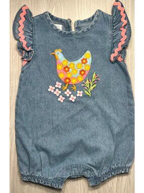 Mud Pie 3-6m NWOT denim romper embroidery Chicken applique ric rac chick farm